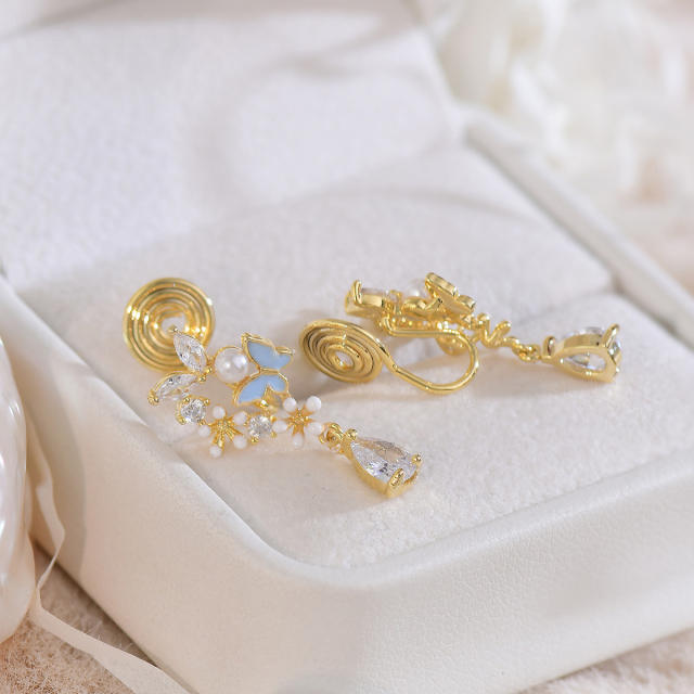 Elegant enamel flower butterfly cubic zircon drop earrings