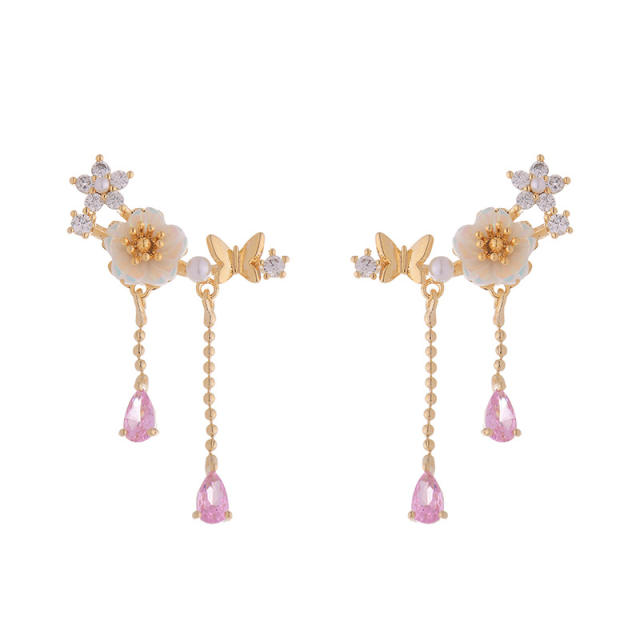 Delicate pink cubic zircon shell flower tassel copper earrings