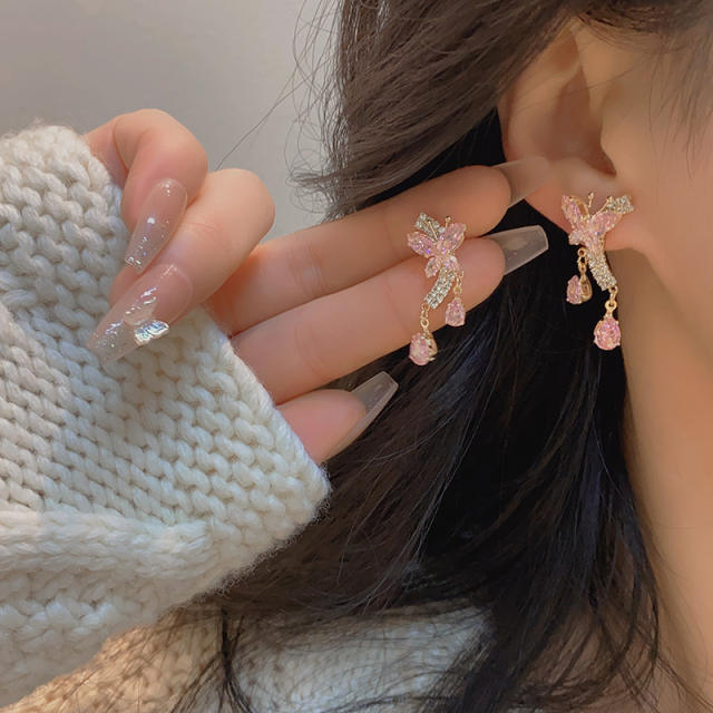 Delicate pink amethyst cubic zircon butterfly copper earrings