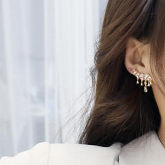 Delicate cubic zircon drop tassel pearl bead earrings
