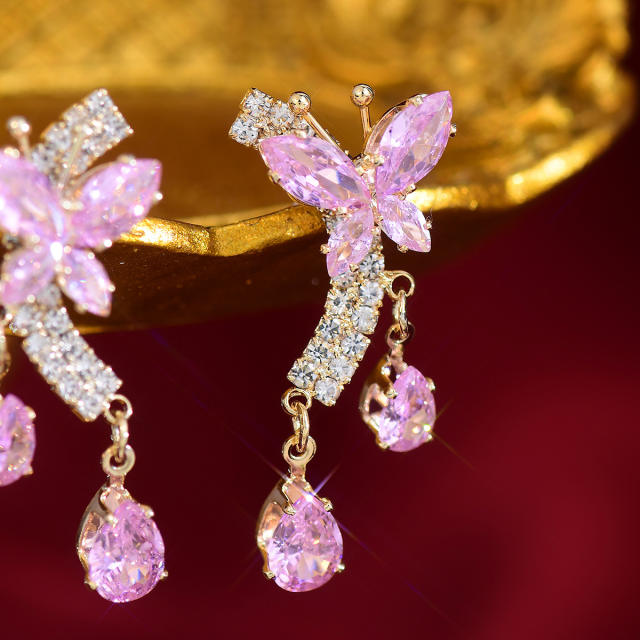 Delicate pink amethyst cubic zircon butterfly copper earrings