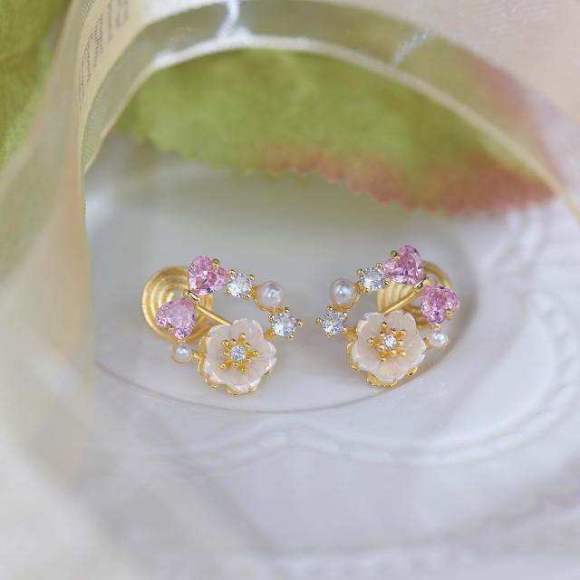 Chic pink bow shell flower circle studs earrings