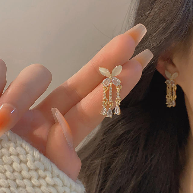 Delicate opal stone butterfly diamond tassel copper earrings