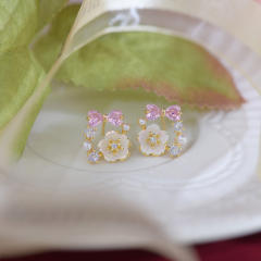 Chic pink bow shell flower circle studs earrings