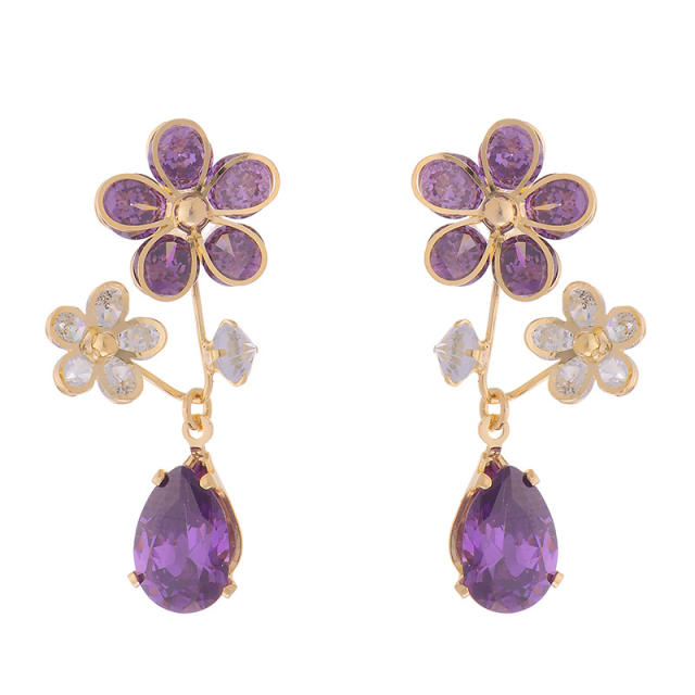 Delicate amethyst cubic zircon flower copper earrings