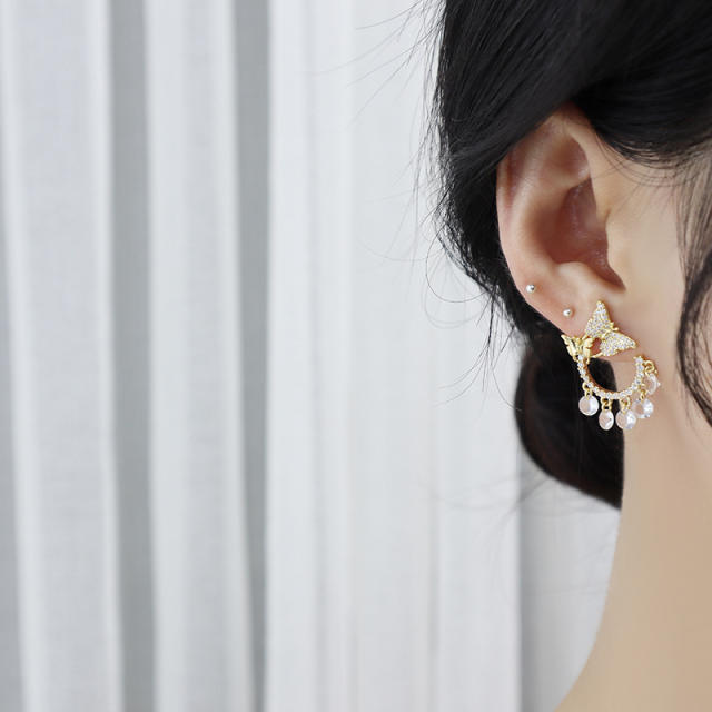Delicate diamond butterfly circle shape tassel earrings