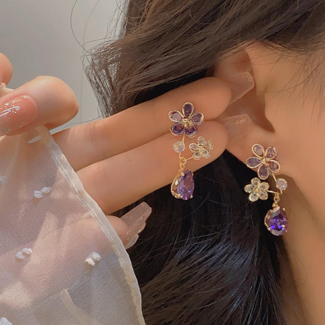 Delicate amethyst cubic zircon flower copper earrings