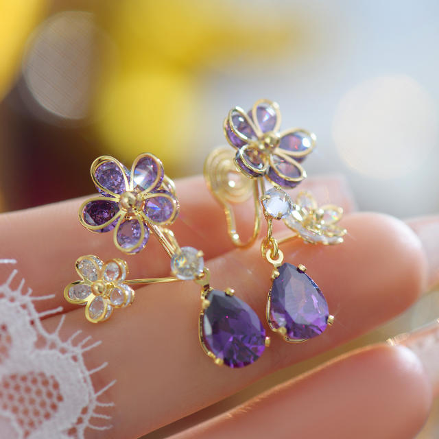 Delicate amethyst cubic zircon flower copper earrings