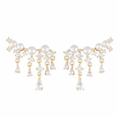 Delicate cubic zircon drop tassel pearl bead earrings