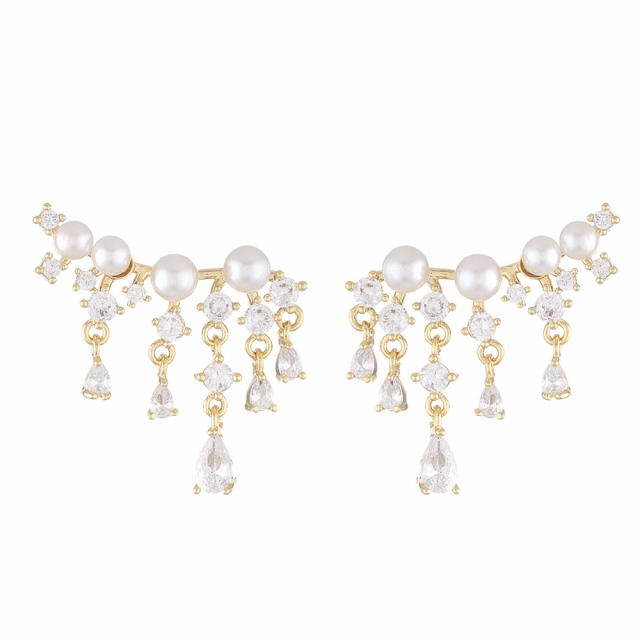 Delicate cubic zircon drop tassel pearl bead earrings