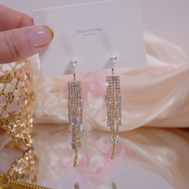 925 needle elegant diamond tassel pearl jacket earrings
