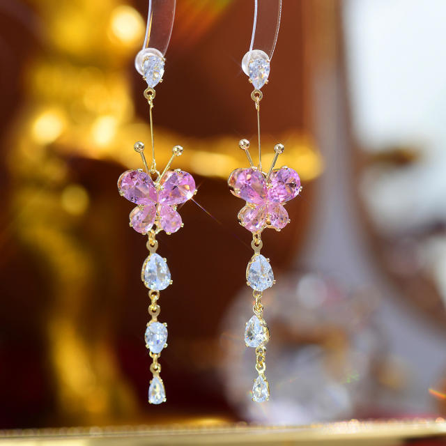 Delicate pink cubic zircon butterfly long earrings