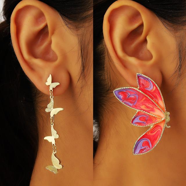 Chunky enamel butterfly metal long earrings