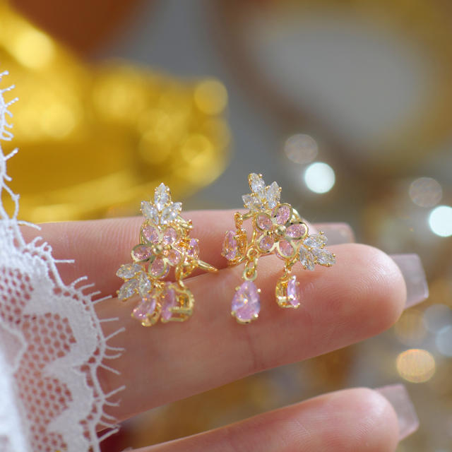 Delicate pink sapphire cubic zircon flower copper earrings