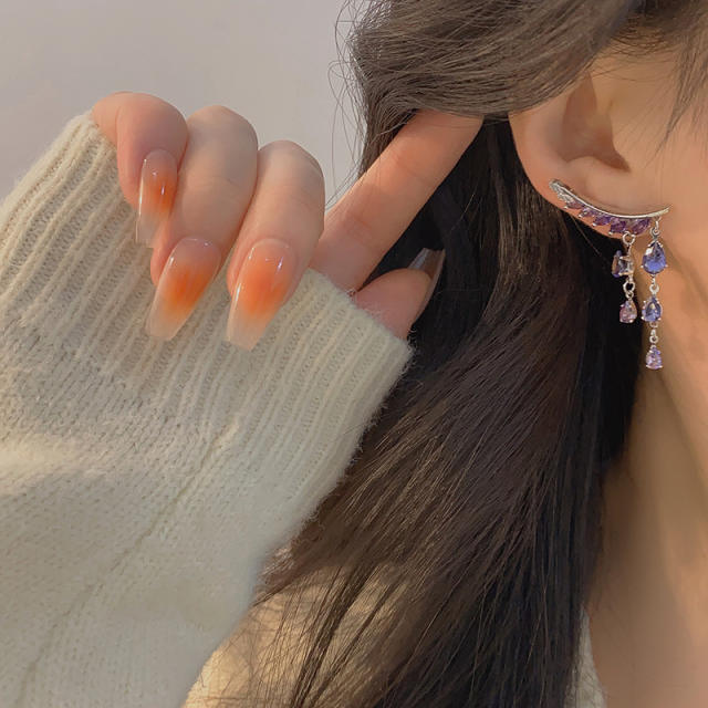Elegant pink amethyst cubic zircon wing tassel copper earrings