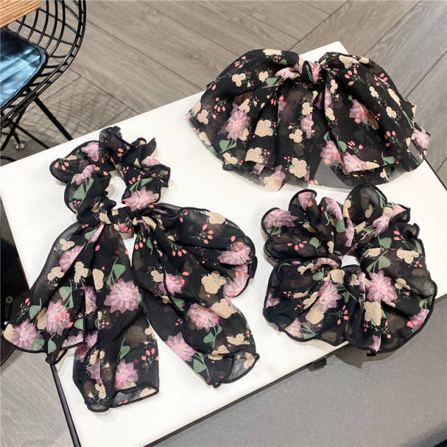 Summer black color floral mesh bow french barrette hair clips