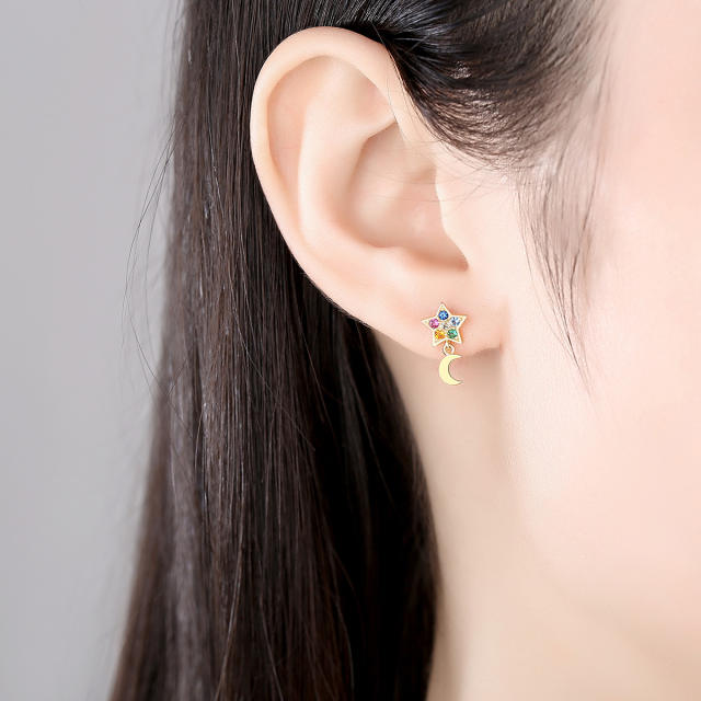 925 sterling silver rainbow cz moon star Asymmetric earrings