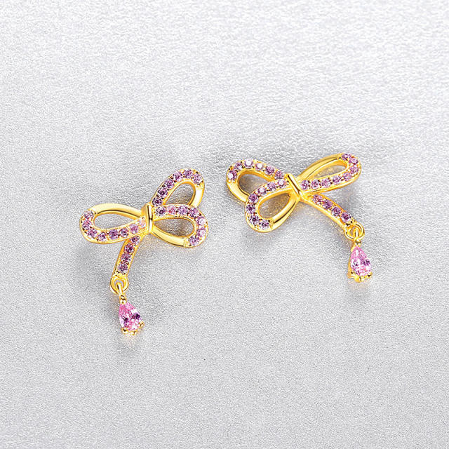 925 sterling silver pink cubic zircon sweet bow tiny studs earrings