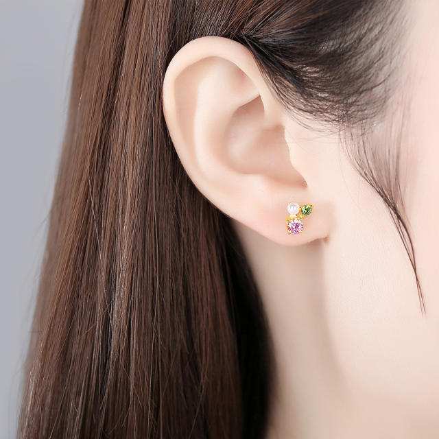 925 sterling silver sweet pink cubic zircon pearl tiny studs earrings