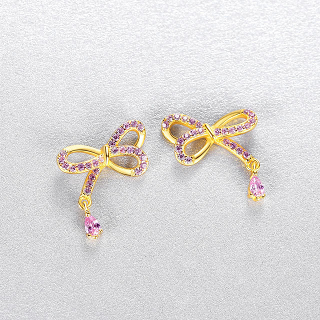 925 sterling silver pink cubic zircon sweet bow tiny studs earrings