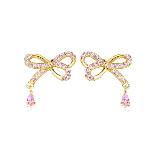 925 sterling silver pink cubic zircon sweet bow tiny studs earrings
