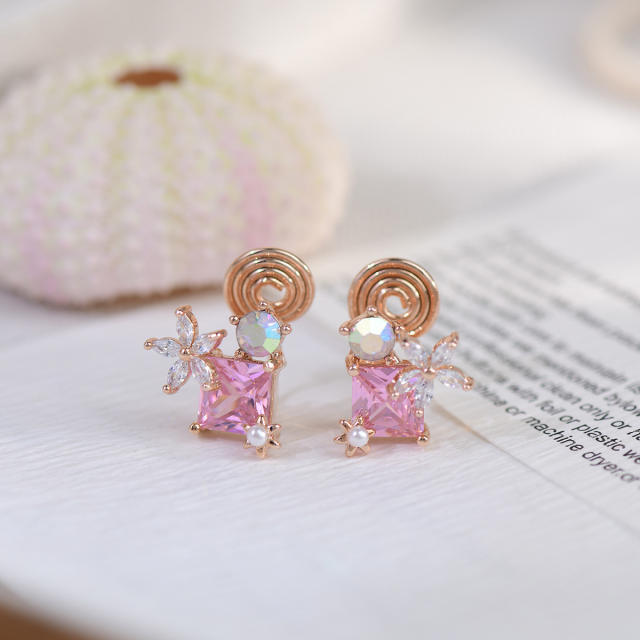 Delicate pink cubic zircon copper studs earrings