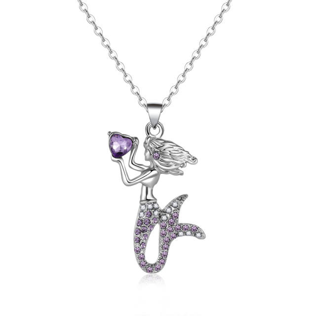 Color rhinestone mermaid pendant alloy necklace