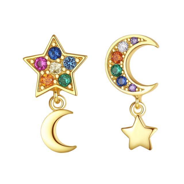 925 sterling silver rainbow cz moon star Asymmetric earrings