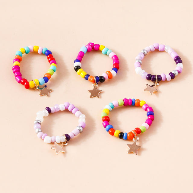 Hot sale boho color seed bead tiny star elastic stackable rings