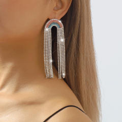 Delicate rainbow rhinestone pave setting tassel diamond earrings