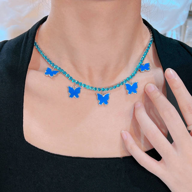 Personality blue color butterfly cubic zircon tennis chain choker necklace