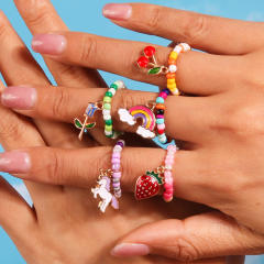 Y2K sweet boho seed bead cherry rainbow elastic stackable rings