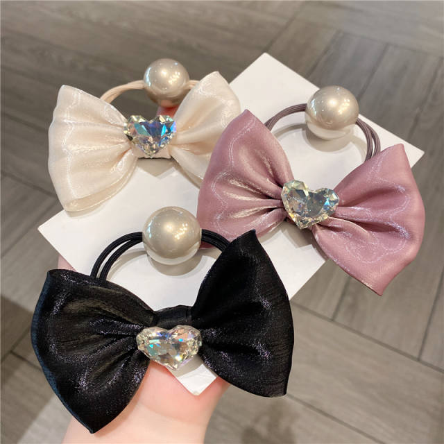 Elegant satin bow pearl bead hair ties