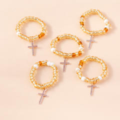 Y2K seed bead cross charm elastic stackable rings