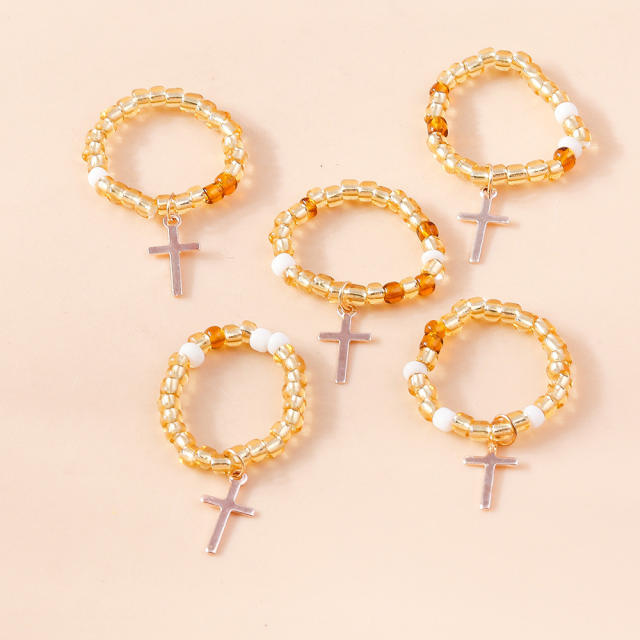 Y2K seed bead cross charm elastic stackable rings