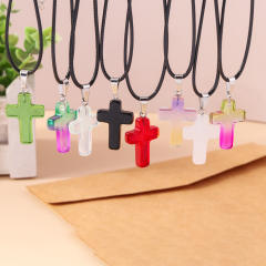 Y2K colorful cross pendant black leather cord necklace