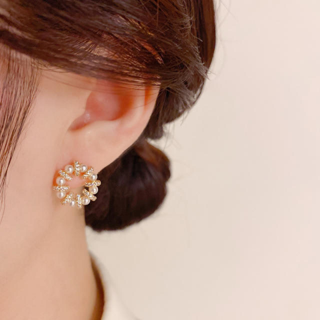 925 needle elegant pearl bead circle copper studs earrings