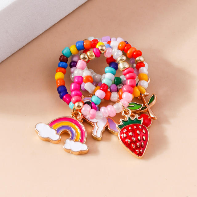 Y2K sweet boho seed bead cherry rainbow elastic stackable rings