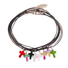 Y2K colorful cross pendant black leather cord necklace
