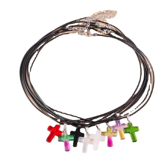 Y2K colorful cross pendant black leather cord necklace