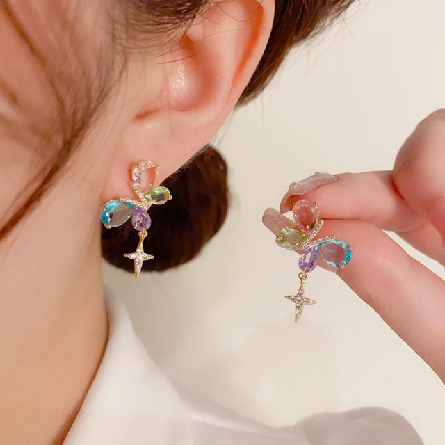 Delicate color cubic zircon butterfly copper earrings