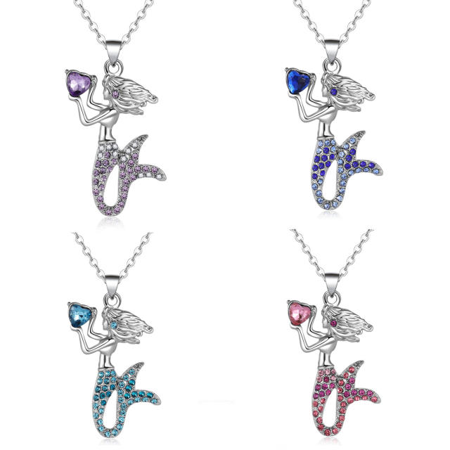 Color rhinestone mermaid pendant alloy necklace