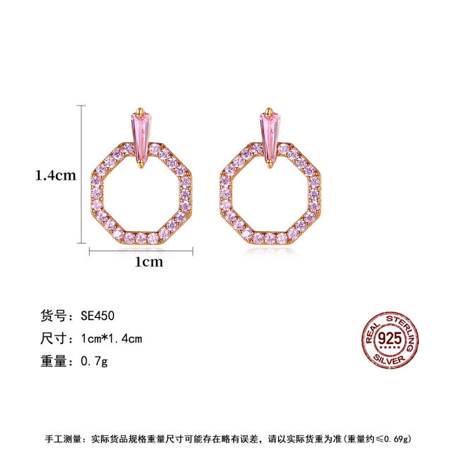 Sweet pink cubic zircon geometric 925 sterling silver studs earrings