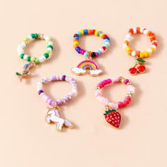 Y2K sweet boho seed bead cherry rainbow elastic stackable rings