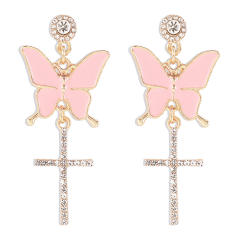 Y2K sweet color enamel butterfly shiny cross dangle earrings