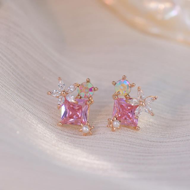 Delicate pink cubic zircon copper studs earrings