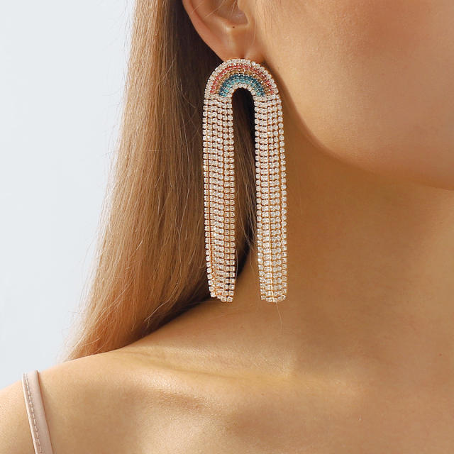 Delicate rainbow rhinestone pave setting tassel diamond earrings