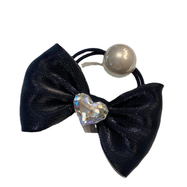 Elegant satin bow pearl bead hair ties