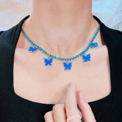 Personality blue color butterfly cubic zircon tennis chain choker necklace