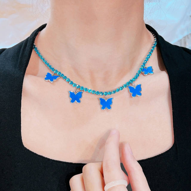 Personality blue color butterfly cubic zircon tennis chain choker necklace